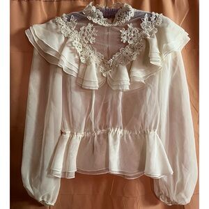Sheer Iridescent Lace Ruffle Victorian Revival 1970s Vintage Blouse Gunne Sax